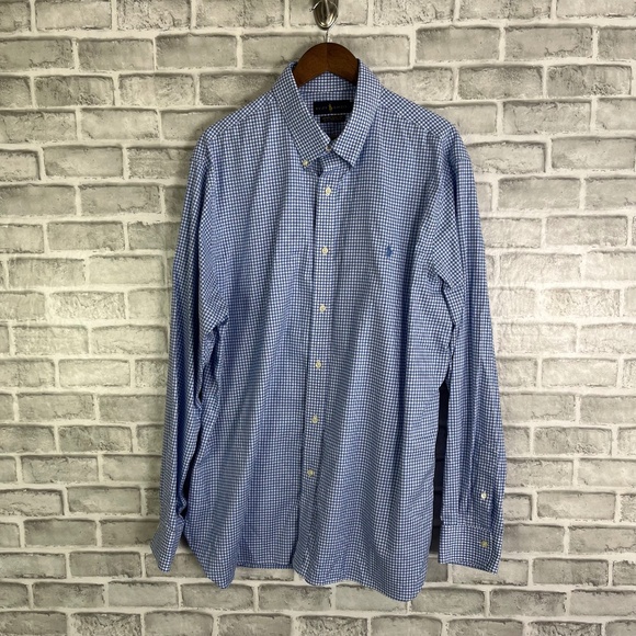Ralph Lauren Cotton Stretch Baby Blue Micro Gingham Button Down Shirt Mens 18.5 - Picture 1 of 7